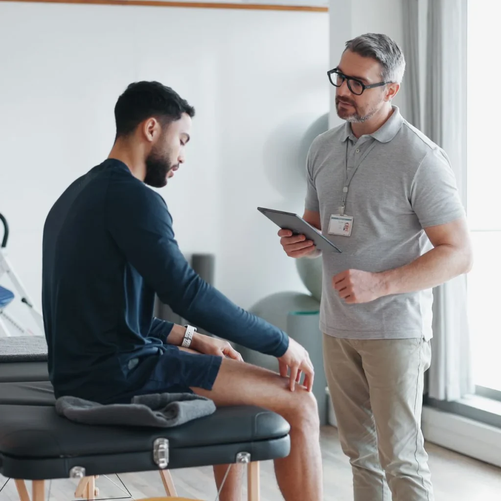 A physical therapist holding a tablet talks to a man sitting on an exam table, examining his knee in a bright, modern clinic.