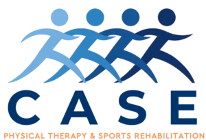 Logo for CASE Physical Therapy & Sports Rehabilitation, featuring four stylized blue figures in motion above the word CASE in large blue letters, with the business name in orange below.